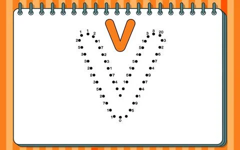 Orange V letter dot to dot activity on notepad letter V Stock Illustration