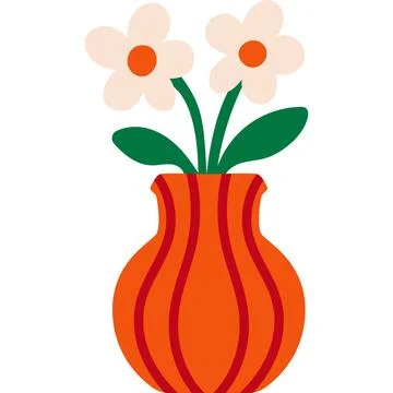 Orange vase with wavy pattern and white flowers flat floral illustration Stock Illustration