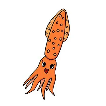 Orange vector Longfin inshore squid. Cartoon doodle Animal with eyes and smil Stock Illustration