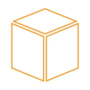 Orange vector three dimensional or 3d cube line icon isolated on white backg Stock Illustration