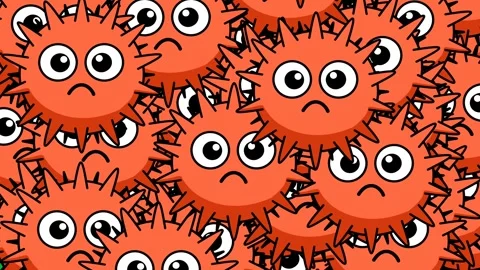 Orange virus transition animations appear, covering the green screen. Stock Footage 321925644