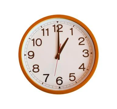 Orange wall clock isolated in one o'clock. Stock Photos