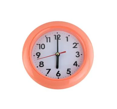 Orange wall clock isolated on white. Foto stock