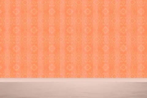 Orange wallpaper with pattern and white floor in room Stock Photos