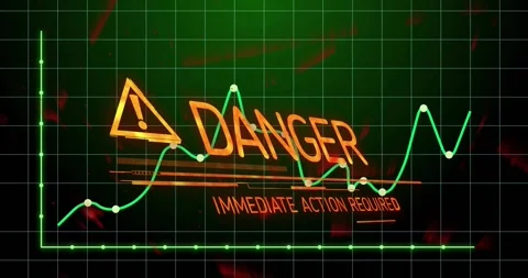 Orange warning display flashing over neon green line graph in flat design, Video stock 326187172