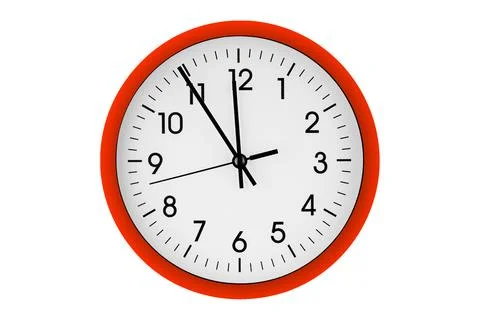 Orange watch, wall clock 11 hours 45 minutes on isolated or white background Stock Photos