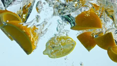 Orange wedges dropped water closeup. Pieces citrus floating under clear liquid. Stock Photos