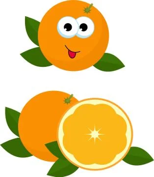 Orange whole and slice of orange with orange leaves. Raster illustration of Stock Illustration