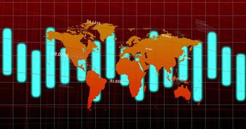 Orange world map centered on red grid, cyan bars emerging from edges, showing Stock Illustration