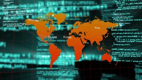 Orange world map centering teal code stream scrolling and driving data labels Stock Footage 332955920