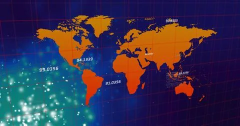 Orange world map displaying glowing points in dashboard, with red gridlines and Stock Illustration