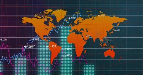 Orange world map graphic tracking data trends in digital dashboard, with bar Stock Illustration