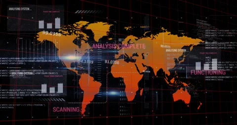 An orange world map on a grid, with data processing occurring in the background Stock Footage 229814402