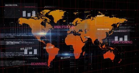 An orange world map on a grid, with data processing occurring in the background 스톡 사진
