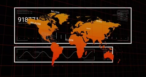 Orange world map receiving data left counter rising bars shifting wave Stock Footage 328233718