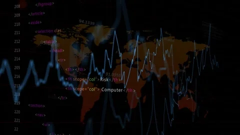 Orange world map updating on live feed, waves rising, code column scrolling, Stock Footage 333657619