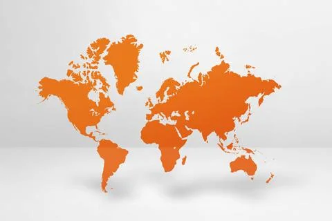 Orange world map on white wall background. 3D illustration Orange world ma... Stock Photos
