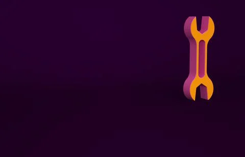Orange Wrench spanner icon isolated on purple background. Minimalism concept. 3d Illustrazione stock
