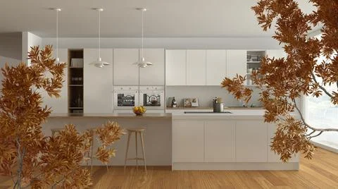 Orange yellow and red fall leaves, tree branch over interior design scene. Na Stock Illustration