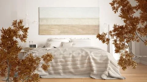 Orange yellow and red fall leaves, tree branch over interior design scene. Na Stock Illustration
