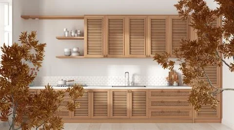 Orange yellow and red fall leaves, tree branch over interior design scene. Na Stock Illustration