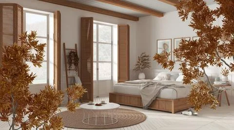 Orange yellow and red fall leaves, tree branch over interior design scene. Na Stock Illustration