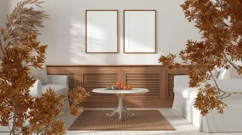 Orange yellow and red fall leaves, tree branch over interior design scene. Na Stock Illustration