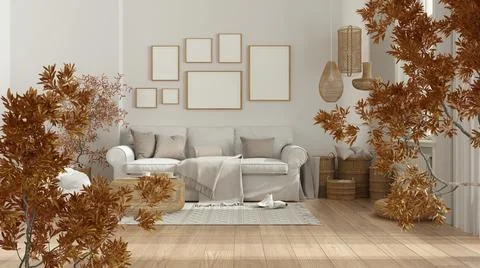 Orange yellow and red fall leaves, tree branch over interior design scene. Na Stock Illustration