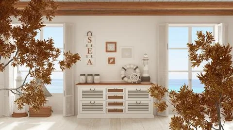 Orange yellow and red fall leaves, tree branch over interior design scene. Na Stock Illustration