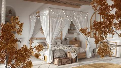 Orange yellow and red fall leaves, tree branch over interior design scene. Na Illustrazione stock