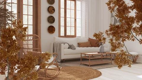 Orange yellow and red fall leaves, tree branch over interior design scene. Na Illustrazione stock