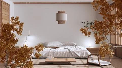 Orange yellow and red fall leaves, tree branch over interior design scene. Na Illustrazione stock