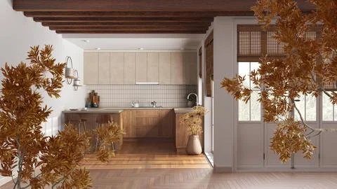 Orange yellow and red fall leaves, tree branch over interior design scene. .. Illustrazione stock