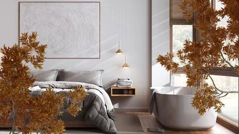 Orange yellow and red fall leaves, tree branch over interior design scene. .. Illustrazione stock