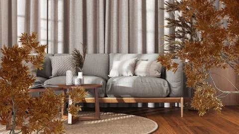 Orange yellow and red fall leaves, tree branch over interior design scene. .. Illustrazione stock