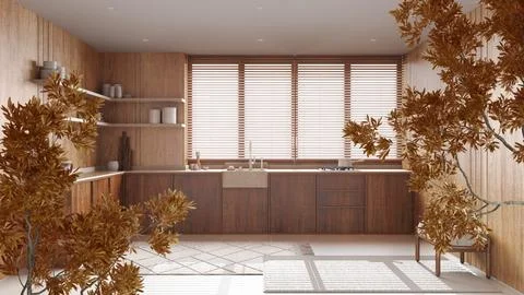 Orange yellow and red fall leaves, tree branch over interior design scene. .. Illustrazione stock