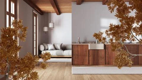 Orange yellow and red fall leaves, tree branch over interior design scene. .. Illustrazione stock