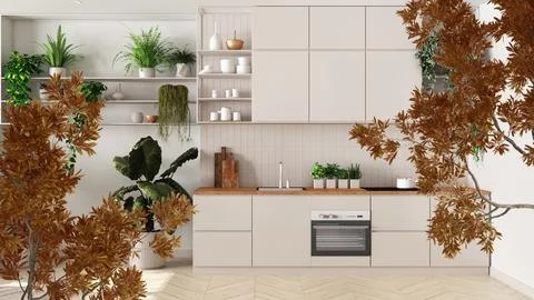 Orange yellow and red fall leaves, tree branch over interior design scene. .. Illustrazione stock