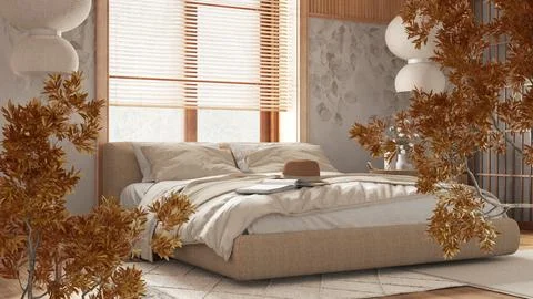 Orange yellow and red fall leaves, tree branch over interior design scene. .. Illustrazione stock