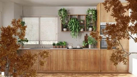 Orange yellow and red fall leaves, tree branch over interior design scene. .. Illustrazione stock