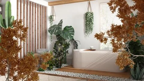 Orange yellow and red fall leaves, tree branch over interior design scene. .. Stock Illustration