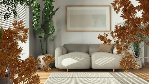 Orange yellow and red fall leaves, tree branch over interior design scene. .. Illustrazione stock