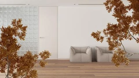 Orange yellow and red fall leaves, tree branch over interior design scene. .. Illustrazione stock