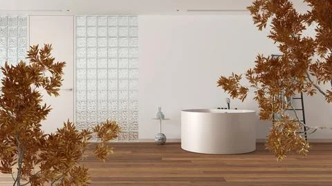 Orange yellow and red fall leaves, tree branch over interior design scene. .. Illustrazione stock