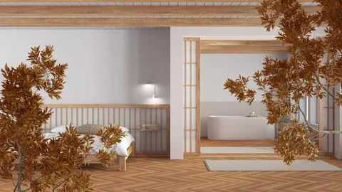 Orange yellow and red fall leaves, tree branch over interior design scene. .. Illustrazione stock
