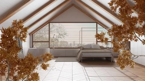 Orange yellow and red fall leaves, tree branch over interior design scene. .. Illustrazione stock