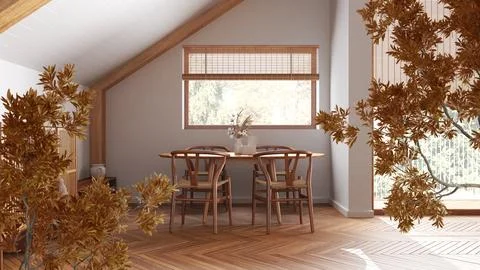 Orange yellow and red fall leaves, tree branch over interior design scene. .. Illustrazione stock