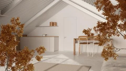 Orange yellow and red fall leaves, tree branch over interior design scene. .. Illustrazione stock