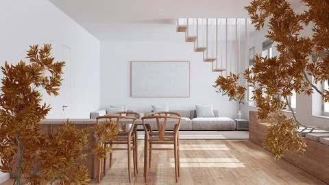 Orange yellow and red fall leaves, tree branch over interior design scene. .. Illustrazione stock