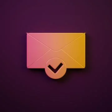 Orange-yellow Envelope and check mark icon isolated on purple background. S.. Ilustración de archivo